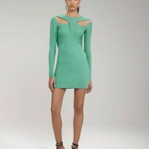 Self Portrait Green Ribbed Knit Cut Out Mini Dress Sea Green Size S